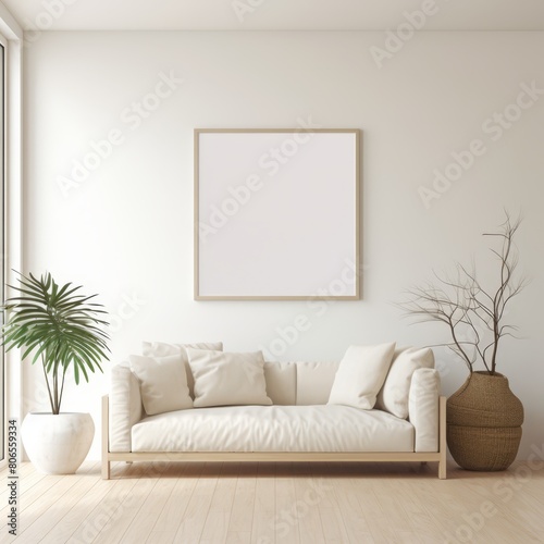 Sleek and simple frame mockup in a bright, airy room with minimal furnishings and lots of natural light. © FoxGrafy