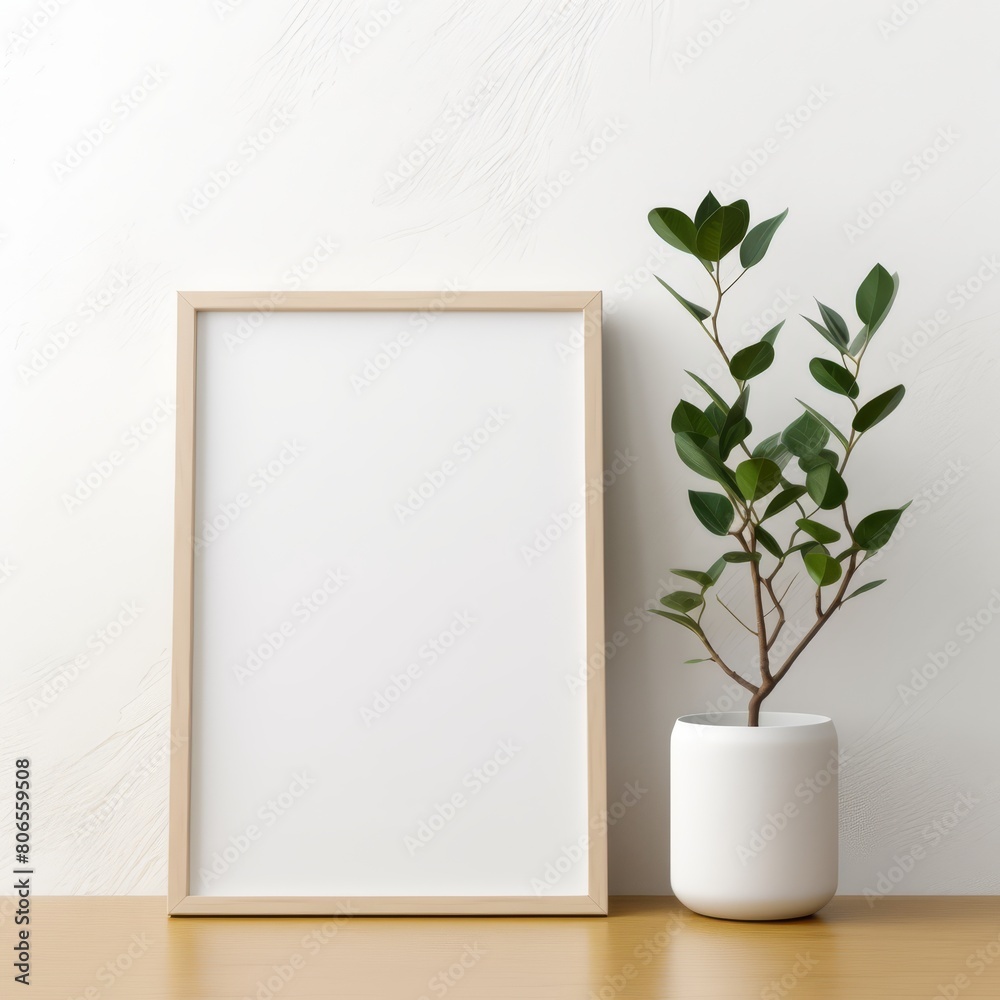 Frame mockup in a minimalist setting, against a light wall with a small, tasteful plant for a touch of green. Frame mockup in a minimalist setting, against a light wall with a small, tasteful plant for a touch of green.