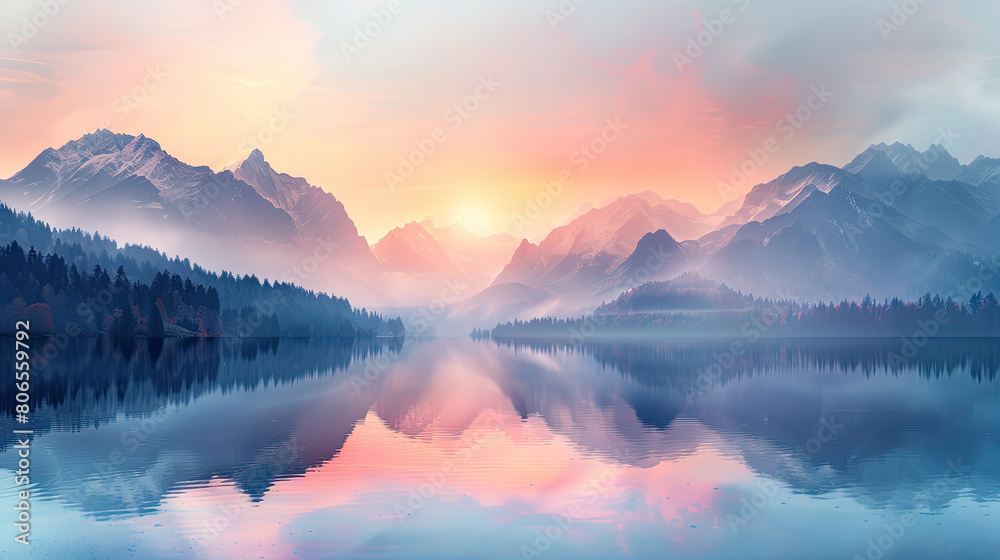 A beautiful mountain range with a lake in the foreground on sunrise