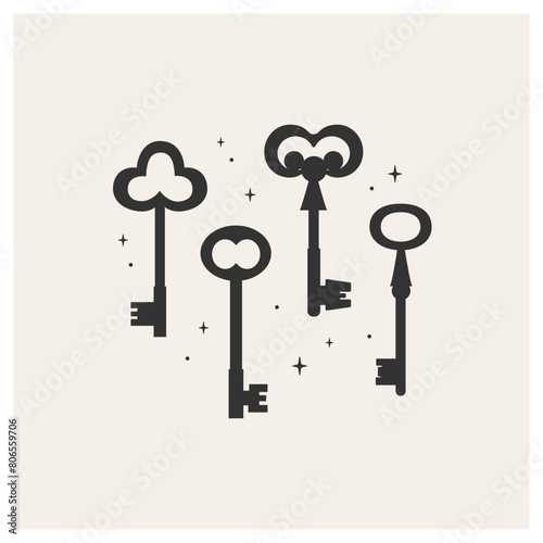 Set of black vintage metal keys. A classic tool for opening door locks and secrets. A sign of privacy and protection. Vector illustration
