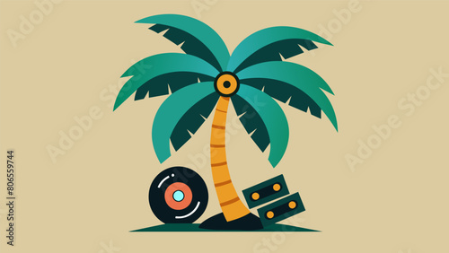 A tropical palm tree swaying in the breeze while displaying vinyl records of calypso reggaeton and cumbia genres. Vector illustration photo