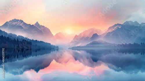 A beautiful mountain range with a lake in the foreground on sunrise