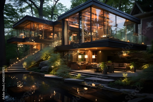 3d rendering of modern cozy chalet with pool and parking for sale or rent. 