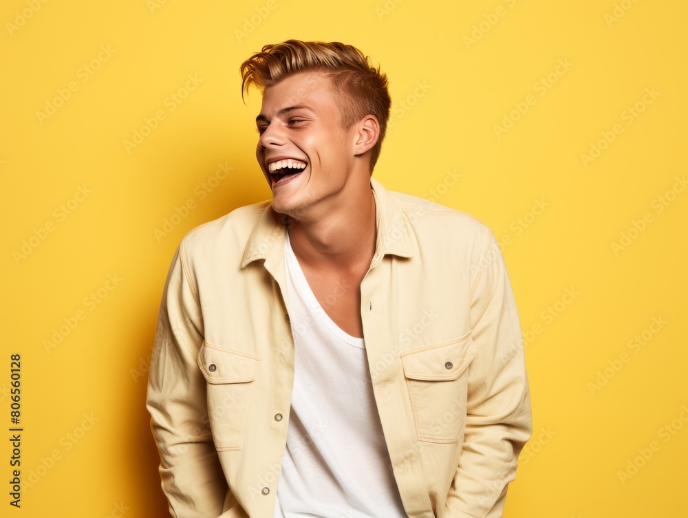 A smiling man in a yellow shirt and white shirt