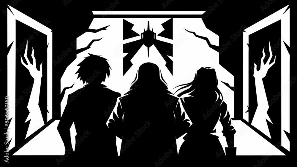 From behind a screen silhouetted figures craft a striking black and white image using paper outs forming the haunting cover for a gothic rock record. Vector illustration