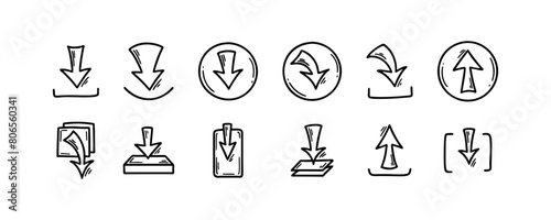 Download and upload file doodle icons set. Hand drawn sketch interface buttons. Cloud data server technology. Digital storage arrow pictogram
