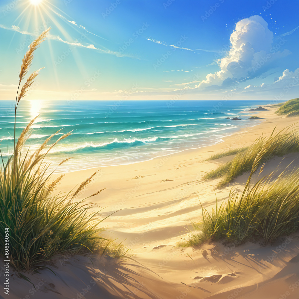 A serene beach scene with the sun shining brightly, casting rays of light on the sandy shore and ocean waves. A serene beach scene with the sun shining brightly, casting rays of light on the sandy shore and ocean waves.