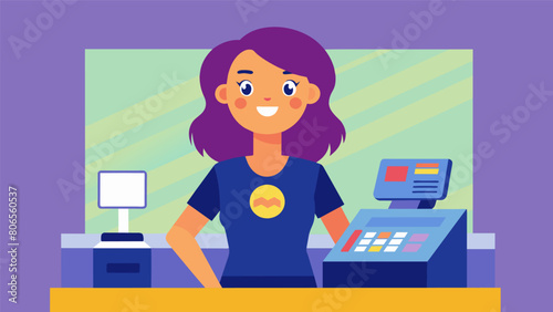 A young woman in a vintage band tshirt stands behind the cash register her enthusiasm for the latest indie releases contagious as she shares her Vector illustration