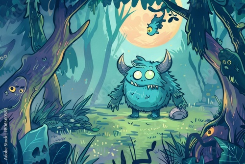 Cartoon cute doodles of a brave little monster hunting for his lost teddy bear in the spooky forest, Generative AI