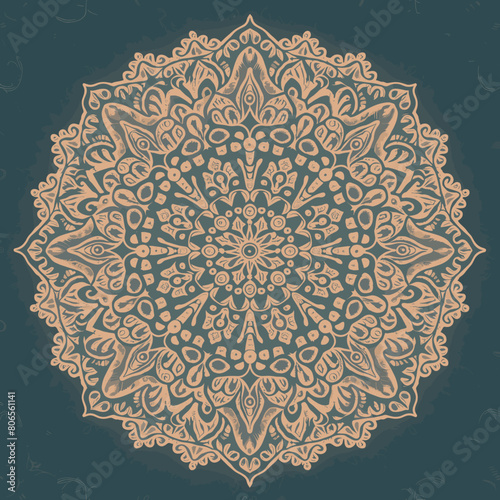 Beautiful Mandala Ornament Design in beige and taupe with dark teal background
