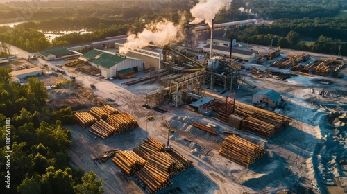 Drone photograph of a sprawling paper mill, logs being processed in an outdoor facility, emphasizing environmental impact