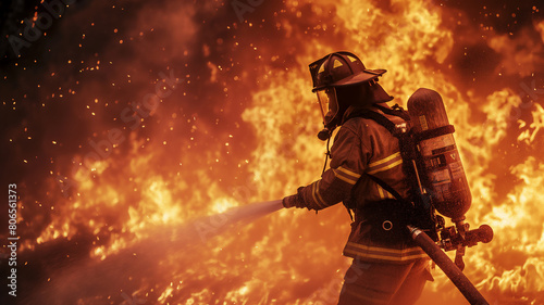 A firefighter in full gear bravely combats a fierce blaze, exemplifying courage and determination amid a dramatic inferno. © Ritthichai