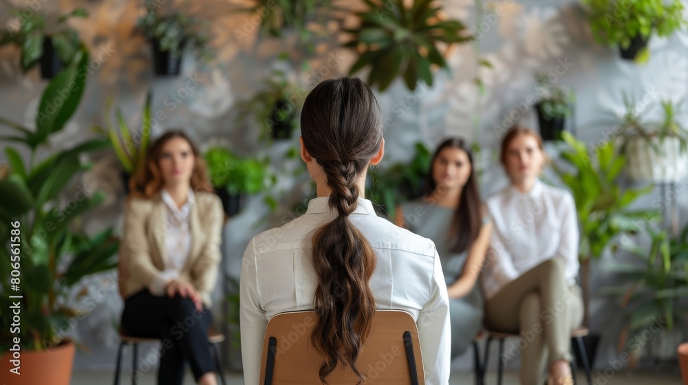 A woman being interviewed by three other women. A woman being interviewed by three other women.