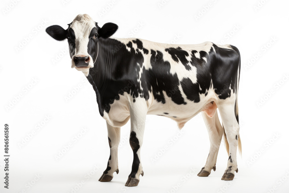 A cow with black and white spots standing on a white background