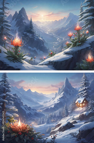 Beautiful fantasy winter mountain landscape with trees, fantasy flowers and timbered houses  - Illustration - generative AI