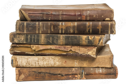 A stack of old books with worn leather covers and faded titles