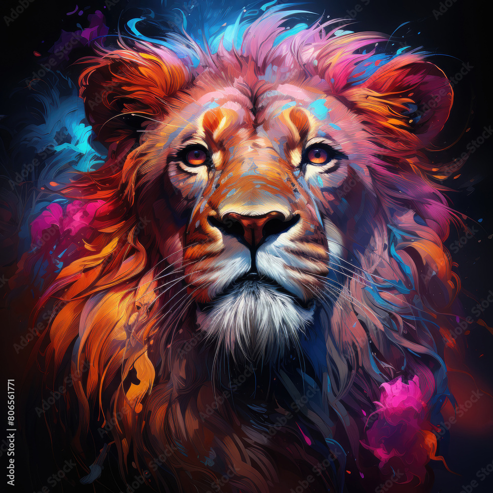 A majestic lion with a colorful mane. A majestic lion with a colorful mane.