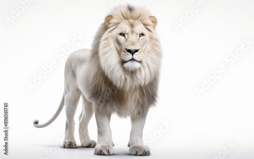 A majestic white lion stands tall against a white background