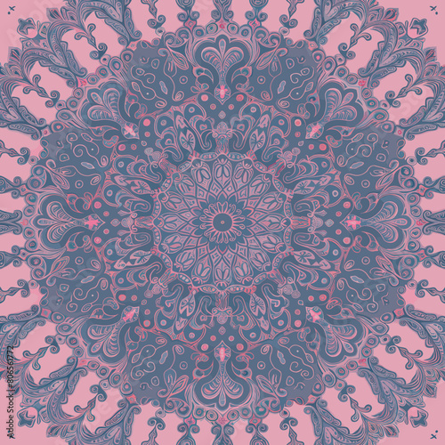 Beautiful Mandala Ornament Design in blue and grey with pink background