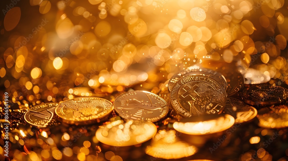 Gold coins, gold background, a pile of golden coins falling from top to bottom, gold light spots on the right side Gold coins, gold background, a pile of golden coins falling from top to bottom, gold light spots on the right side