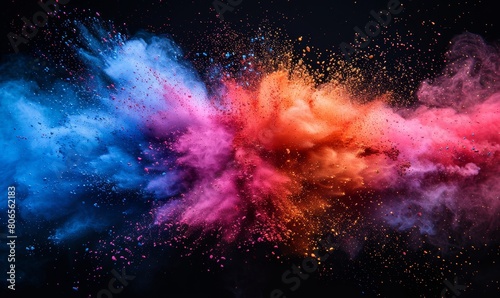 A dynamic explosion of blue and red colored powder against a stark black background  creating a vivid and artistic display.