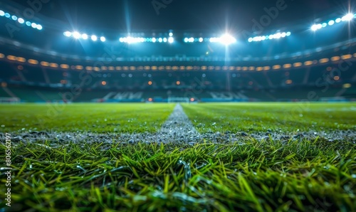 Vibrant green soccer field in a large stadium, with bright stadium lights illuminating the pitch, ready for a night match.