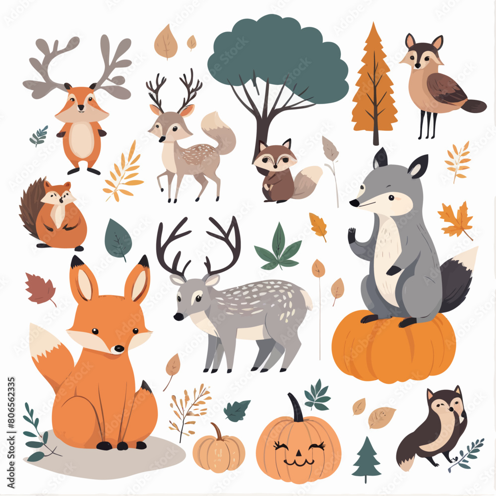 a picture of a forest scene with animals and pumpkins