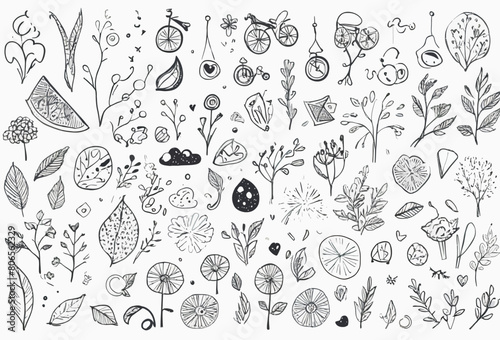 a black and white drawing of various plants