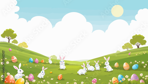 a group of rabbits sitting in a field with eggs