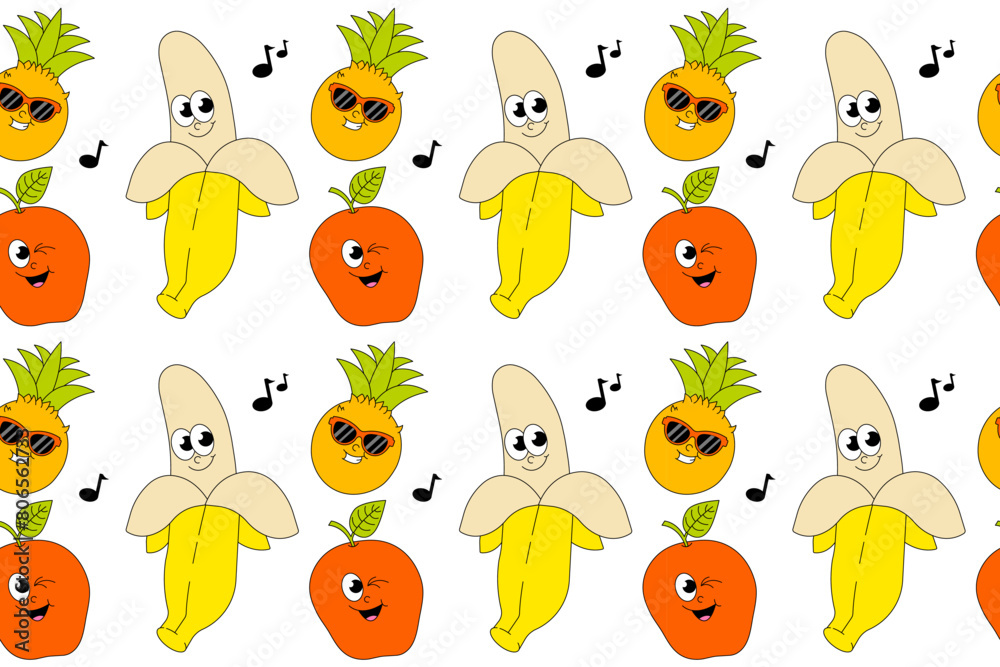 Naklejka premium Summer Fruits. Retro groovy seamless pattern. Comic characters banana, apple, pineapple. Vector illustration.