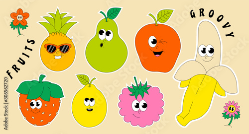 Summer Fruits. Retro groovy sticker and patch. Comic characters strawberry, lemon, banana, apple, pineapple, pear, raspberry. Vector illustration.