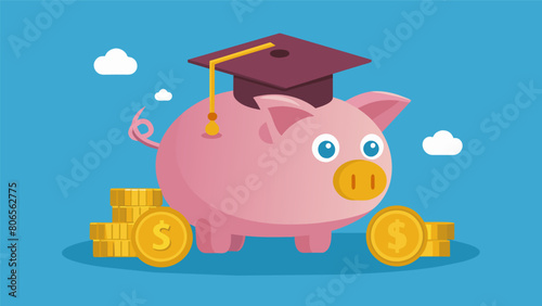 A piggy bank with a graduation cap next to it now full of coins instead of debt.. Vector illustration