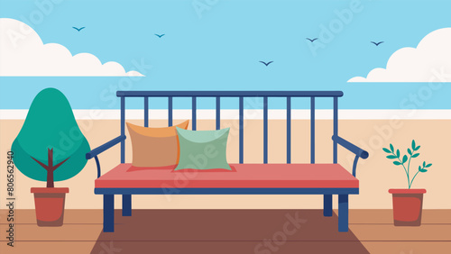 A plush cushioned bench p against a wall on a balcony creating a tranquil spot for bird lovers to relax and observe..