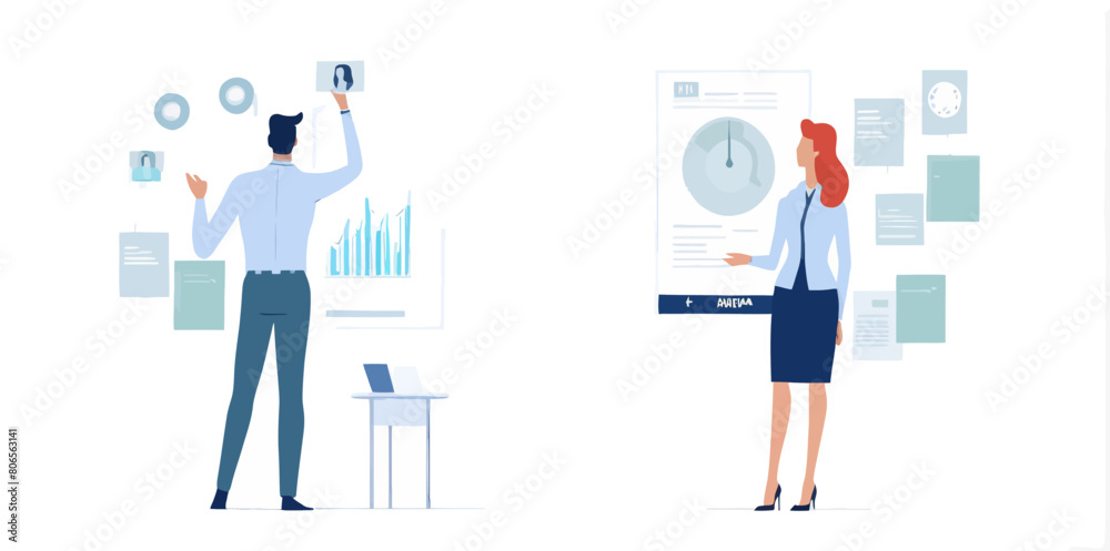 a man and a woman standing next to each other in front of a whiteboard a man and a woman standing next to each other in front of a whiteboard