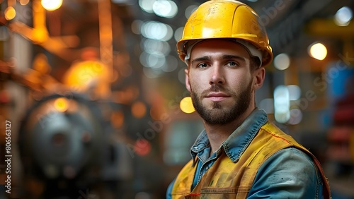 Factory worker in safety gear standing in industrial workplace ready to work. Concept Industrial Safety, Factory Work, Protective Gear, Workplace Environment, Ready to Work