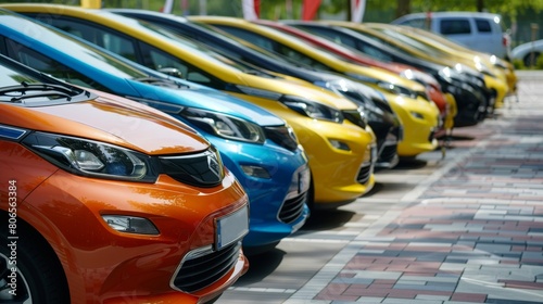 A row of colorful cars are parked in a lot.