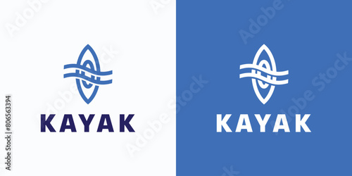 Vector logo design in the shape of a kayak boat and water waves as paddles in a modern, simple, clean and abstract style.