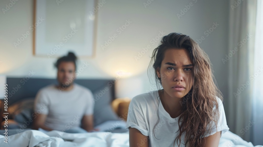 Frustrated young woman sitting on the edge of the bed, her partner in the background, depicting tension and unhappiness in their intimacy Frustrated young woman sitting on the edge of the bed, her partner in the background, depicting tension and unhappiness in their intimacy