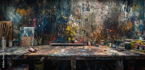 A panoramic shot of an artist's workbench, speckled with years of paint stains, the myriad of colors blending into a beautiful, chaotic tapestry of creativity on a dark background. 