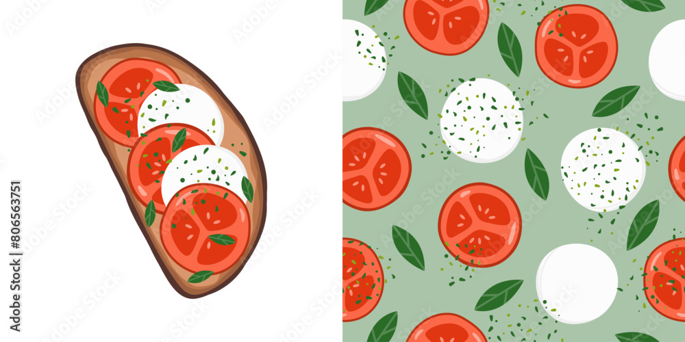 Caprese salad seamless pattern and summer toast Caprese salad seamless pattern and summer toast