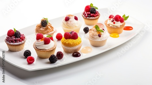 Set of different homemade cupcakes with fresh berries and other delicious flavors. Sweet pastry products on plate isolated on white background.