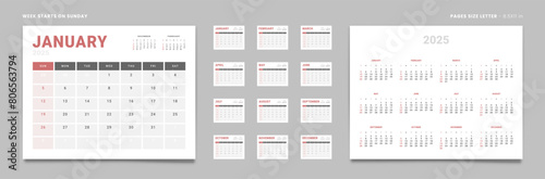 Set of 12 Pages Monthly Calendar Planner Templates and annual on 2025 year. Vector layout of a wall or desktop calendar with the week starting on Sunday ready for printing. Page size Letter -8.5x11