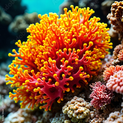 A vibrant underwater scene, featuring a large coral with yellow and orange tentacles surrounded by various other corals and sea creatures.