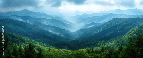  A panoramic view of the Great Smoky Mountains, with misty peaks and dense forestcovered valleys. Created with Ai