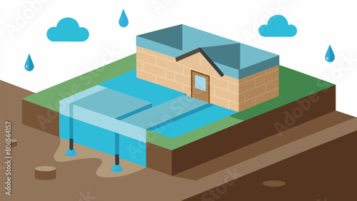 Waterproofing To protect the foundation from water damage a waterproof membrane is applied before the concrete is poured.. Vector illustration © Justlight
