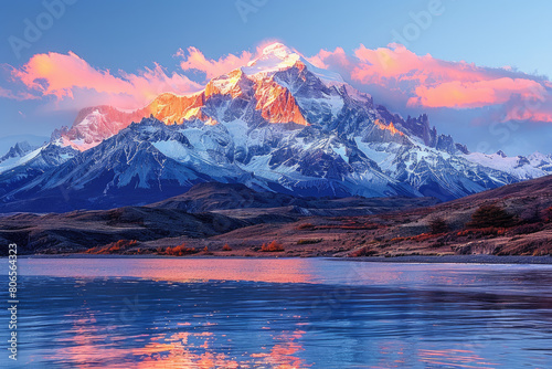 A majestic snowcapped mountain peak stands tall in the distance  its sharp edges reflecting on the calm waters of an autumn lake. Created with Ai