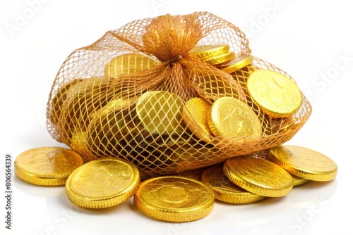 chocolate coin gold in mesh bags on white background.