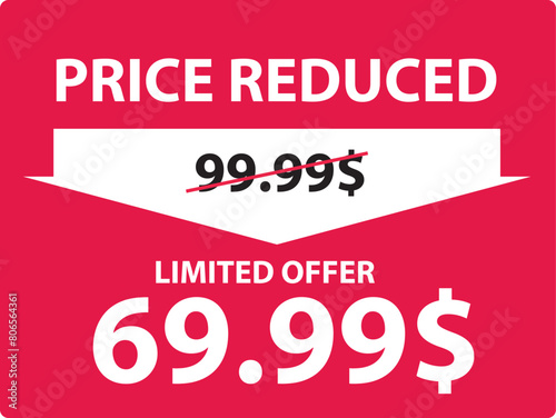 Price Reduced red eye-catching banner for website or social network - creative decorated message on red background - crossed old price and the cheaper one - promo poster. Vector illustration