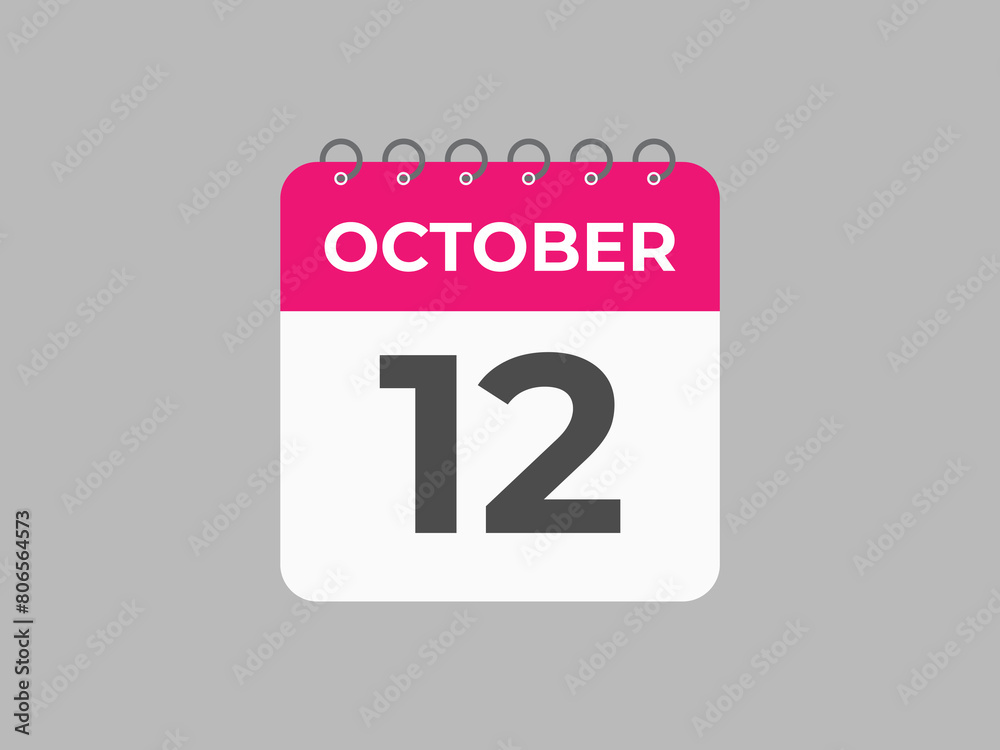 October 12 calendar reminder. 12 October daily calendar icon template. Calendar 12 October icon Design template. Vector illustration
October 12 calendar reminder. 12 October daily calendar icon template. Calendar 12 October icon Design template. Vector illustration