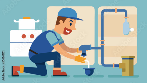 Installing lowflow plumbing fixtures to reduce water usage and wastewater production.. Vector illustration